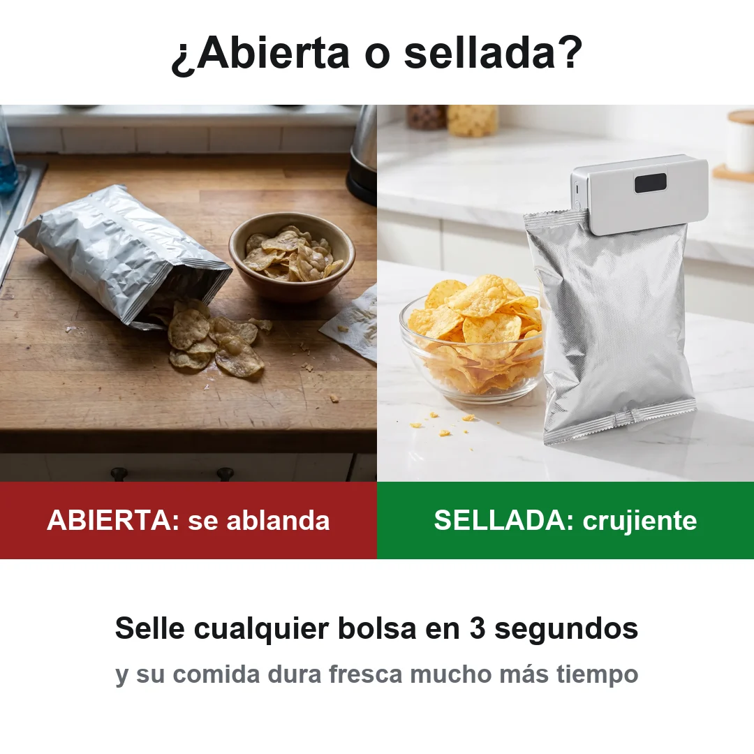 Comparación: paquete abierto con papas blandas y paquete sellado con papas crujientes